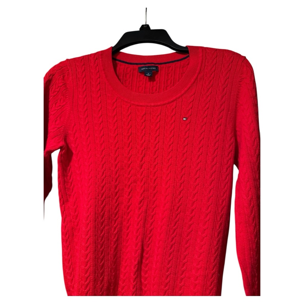 Tommy Hilfiger Red Cable Knit Sweater Womens‎ Medium Classic Logo Preppy Holiday
